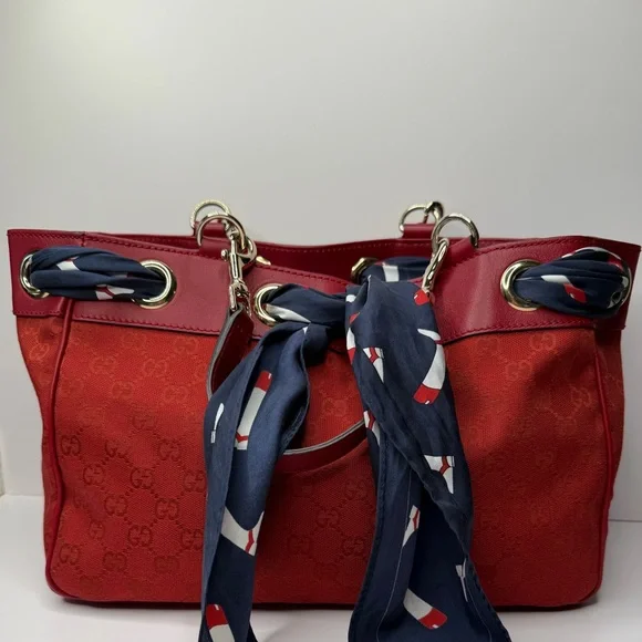Gucci Vintage Red GG Canvas Tote with Silk Scarf Handles - Picture 3 of 9